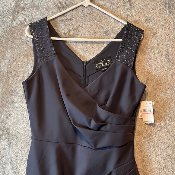 Alex Evenings‎ Charcoal Gray Side Ruched Dress Size 10 Rhinestone Wedding New - Picture 2 of 8